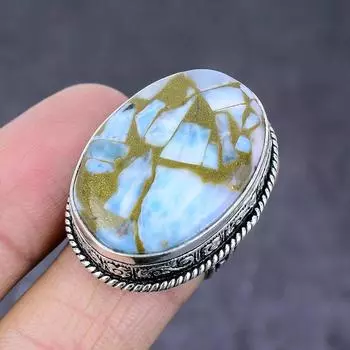 Кольцо из серебра 925 пробы с драгоценным камнем из меди и ларимара, размер 8 h4E34