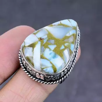 Кольцо из серебра 925 пробы с драгоценным камнем из меди и ларимара, размер 7,5 L7e45