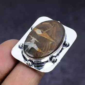 Кольцо из серебра 925 пробы с натуральными ископаемыми камнями и трещинами в грязи, размер 7 r9C65