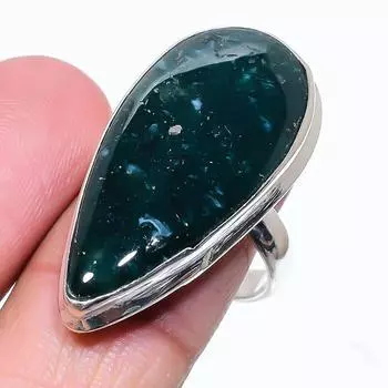 Кольцо из серебра 925 пробы с натуральным моховым агатом, размер 7, e9A45