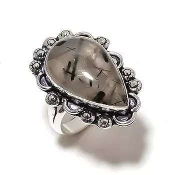 Кольцо из серебра 925 пробы с натуральным черным рутилом, размер 6 i0n54