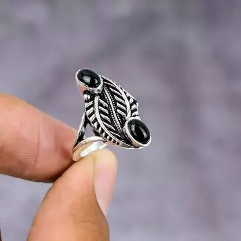 Кольцо из серебра 925 пробы с натуральным черным ониксом, размер 6,5, ручная работа R8U71