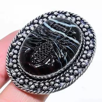 Кольцо из серебра 925 пробы с натуральным полосчатым агатом, размер 7, U0Z69