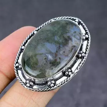 Кольцо из серебра 925 пробы с драгоценным камнем моховой агат, размер 7,5 E3O58