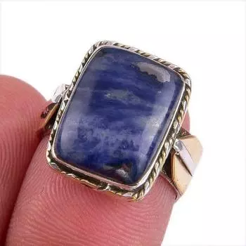 Кольцо из серебра 925 пробы с натуральным содалитом, двухцветное, размер 6 I7V32