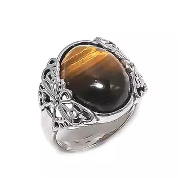 Кольцо из серебра 925 пробы с натуральным тигровым глазом, размер 7 D0o96