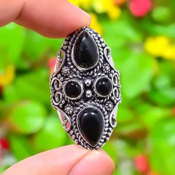 Кольцо из серебра 925 пробы с драгоценным камнем черного оникса ручной работы, размер 8,5 f9g85