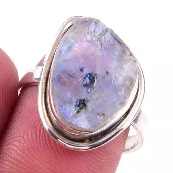 Кольцо из серебра 925 пробы с натуральным радужным лунным камнем ручной работы, размер 8 j9t89