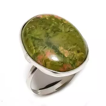 Кольцо из серебра 925 пробы с натуральным драгоценным камнем унакит ручной работы, размер 7 r8C77