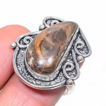 Кольцо из серебра 925 пробы с натуральным африканским мхом, размер 8 m3O24