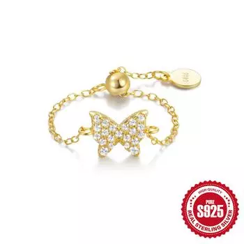 Кольцо из серебра S925, роскошное, инкрустированное цирконом, женское, открытое, с регулируемой цепочкой, любовь, бабочка, фея, аксессуары Adjustable Opening