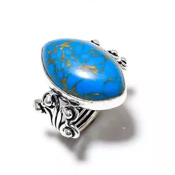 Кольцо из стерлингового серебра 925 пробы с натуральным медным синим бирюзовым камнем, размер 7,5 N0A63