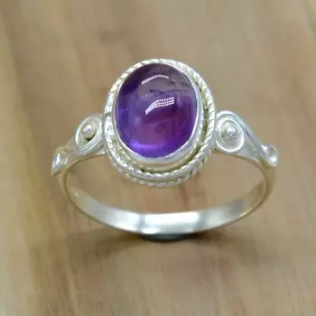 Кольцо из стерлингового серебра 925 пробы с аметистом, женское кольцо ручной работы в стиле бохо с овальным фиолетовым драгоценным камнем 4 фиолетовый