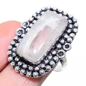 Кольцо из стерлингового серебра 925 пробы с натуральным радужным лунным камнем, размер 7,5 b5f35