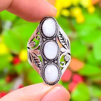 Кольцо из стерлингового серебра 925 пробы с натуральным радужным лунным камнем, размер 7,5 r4U63