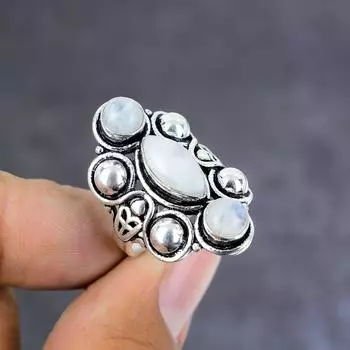 Кольцо из стерлингового серебра 925 пробы с натуральным радужным лунным камнем ручной работы, размер 7 W4P05