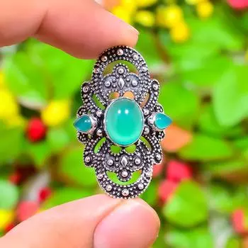 Кольцо из стерлингового серебра 925 пробы с натуральным зеленым ониксом ручной работы, размер 9 r3q43