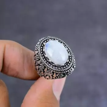 Кольцо из стерлингового серебра 925 пробы с натуральным радужным лунным камнем ручной работы, размер 6 e1N97