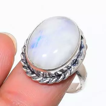 Кольцо из стерлингового серебра 925 пробы с натуральным радужным лунным камнем ручной работы, размер 6 C7t14