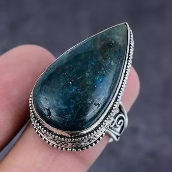 Кольцо из стерлингового серебра 925 пробы с натуральным неоновым синим апатитом, размер 7 o5E09 ручной работы