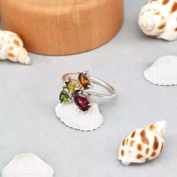 Кольцо из стерлингового серебра 925 пробы с натуральным мультитурмалином, размер 7, США 7 US