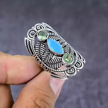 Кольцо из стерлингового серебра 925 пробы с натуральным синим халцедоном и драгоценным камнем цаворит S.8.5 U6J02