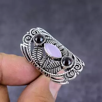 Кольцо из стерлингового серебра 925 пробы ручной работы с натуральным розовым кварцем и аметистом S.7 z4k09