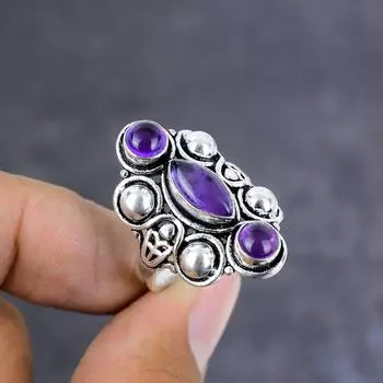 Кольцо из стерлингового серебра 925 пробы с натуральным шалфейным аметистом ручной работы, размер 10 z6V42