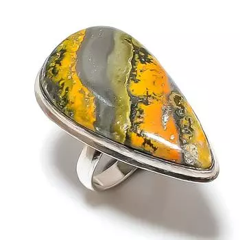 Кольцо из стерлингового серебра 925 пробы с натуральным драгоценным камнем шмельная яшма ручной работы, размер 7 V5T38