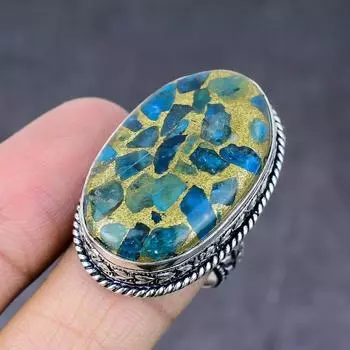 Кольцо из стерлингового серебра 925 пробы с натуральным неоновым синим апатитом ручной работы, размер 8,5 z8Z45