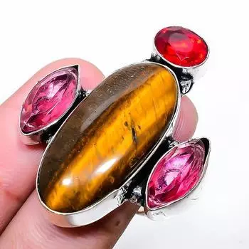 Кольцо из стерлингового серебра 925 пробы с натуральным тигровым глазом и рубиллитом, размер 7 Q1i59