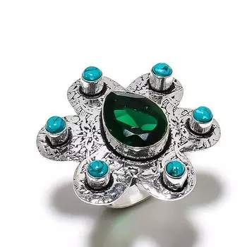 Кольцо из стерлингового серебра 925 пробы с натуральным хромдиопсидом и бирюзой, размер 9,5 I2p18