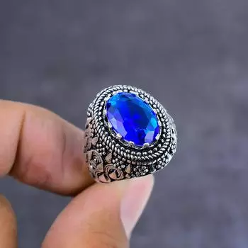 Кольцо из стерлингового серебра 925 пробы с натуральным лондонским голубым топазом ручной работы, размер 9 c3e97