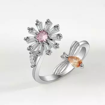 Кольцо из стерлингового серебра 925 пробы с вращающимся кристаллом пчелы и ромашки для женщин и девочек, роскошные свадебные аксессуары, ювелирные изделия Jz101 зелёный