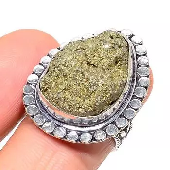 Кольцо из стерлингового серебра 925 пробы с натуральным пиритом, друзы, ручной работы, размер 7,5 t0G82