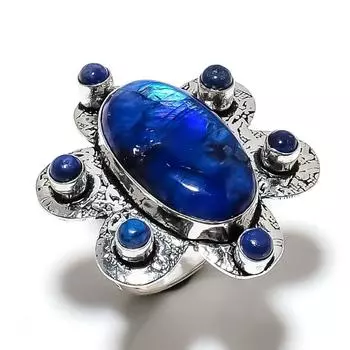 Кольцо из стерлингового серебра 925 пробы с натуральным синим лунным камнем и лазуритом, размер 10 F8w49