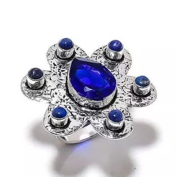 Кольцо из стерлингового серебра 925 пробы с натуральным голубым топазом и лазуритом, размер 9,5 N2g91