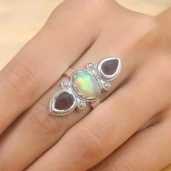 Кольцо из стерлингового серебра 925 пробы с опалом и гранатом, эффектные ювелирные изделия, женские кольца, кольцо в стиле бохо, серебряные ювелирные украшения, обручальное кольцо 6