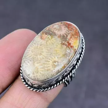 Кольцо из стерлингового серебра 925 пробы с натуральным ископаемым кораллом ручной работы, размер 7 B5Z98