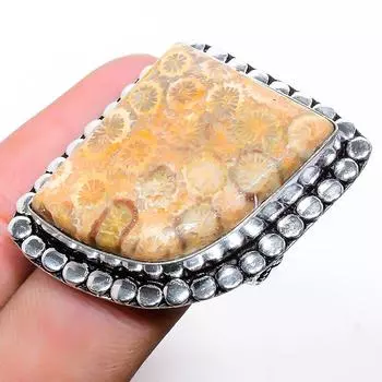 Кольцо из стерлингового серебра 925 пробы с натуральным ископаемым кораллом ручной работы, размер 8 G9W38