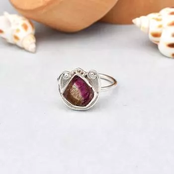 Кольцо из стерлингового серебра 925 пробы с двухцветным турмалином и необработанным драгоценным камнем, размер 7, подарочное кольцо США 7 US