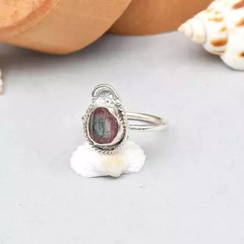 Кольцо из стерлингового серебра 925 пробы с двухцветным турмалином и необработанным драгоценным камнем, размер 6, подарок от США 6 US