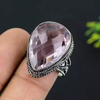 Кольцо из стерлингового серебра 925 пробы с натуральным розовым кунцитом ручной работы, размер 9 s2C12
