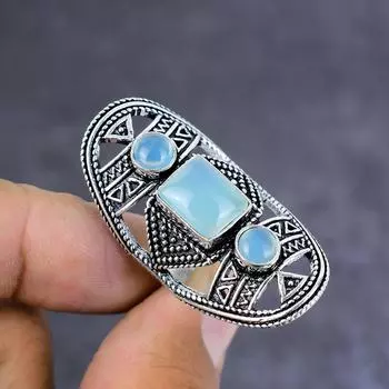 Кольцо из стерлингового серебра 925 пробы с натуральным водным халцедоном ручной работы, размер 7,5 j4u35