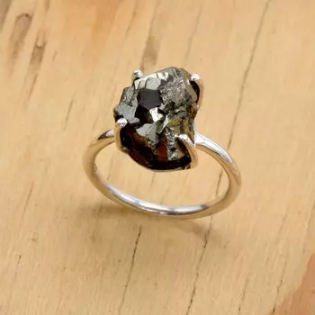 Кольцо из стерлингового серебра 925 пробы с пиритом, женское кольцо ручной работы в стиле бохо из необработанного драгоценного камня 4 серый