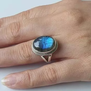 Кольцо из стерлингового серебра 925 пробы маркиза с натуральным лунным камнем FR-165 14.05 MM синий