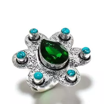 Кольцо из стерлингового серебра 925 пробы с натуральным перидотом и бирюзой, размер 10 s6F07