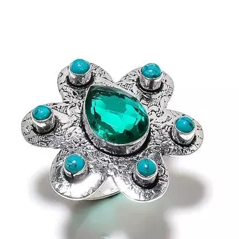 Кольцо из стерлингового серебра 925 пробы с натуральным зеленым турмалином и бирюзой, размер 10 U7J21