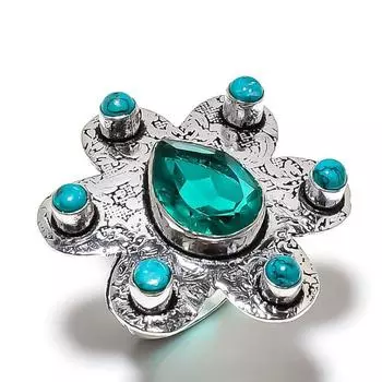 Кольцо из стерлингового серебра 925 пробы с натуральным зеленым турмалином и бирюзой, размер 10 k8o29