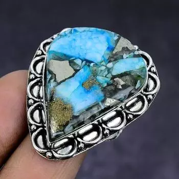 Кольцо из стерлингового серебра 925 пробы с натуральным пиритом и бирюзой, размер 10,5 O5A01